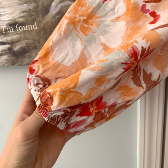 Abercrombie & Fitch Floral Puff Sleeve Mini Dress Orange Pink Ruched Smocked XL - Picture 4 of 9